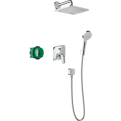 Imagen de hansgrohe Crometta E set de ducha empotrado, cabezal rectangular (240mm) con mezlador monomando bañera, básico, mano, toma agua, soporte et flexo ducha, cromo