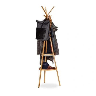 Imagen de Relaxdays Garderobe Ablage dreiarmiger Bambus Kleiderständer mit 6 Haken, Kleiderablage HxBxT: 171 x 50 cm, Color Beige Perchero de Pie con Ganchos, Bambú, Biege y Gris, 50x50x171 cm