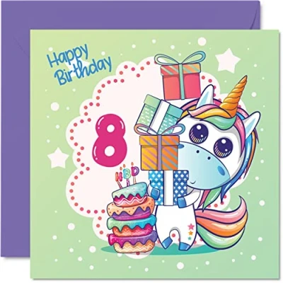 Imagen de Stuff4 tarjeta de cumpleaños número 8 para niña, pastel mágico unicornio, unicornio niñas años, tarjetas felicitación 145 mm