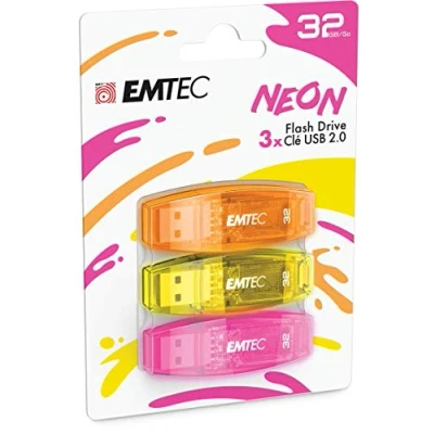 Imagen de EMTEC Memoria Flash USB 2.0 C410 de 32 GB, Lectura 5 MB/S, Escritura 15 Compatible con 2.0, 3.0, Transparente neón Tapa, Pack 3