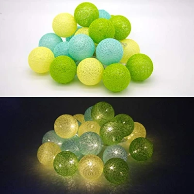 Imagen de TRONJE LED Guirnalda Luminosa 20 Bolas de Algodón Ø6cm 3,8 m Luces Hadas Amarillo Verde Azul Luz Noche 4h Temporizador Funciona con Pilas