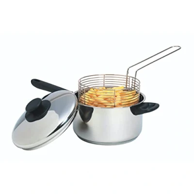 Imagen de KitchenCraft Sartén grande para patatas fritas con cesta y tapa 20 cm, apta inducción, acero inoxidable, plata