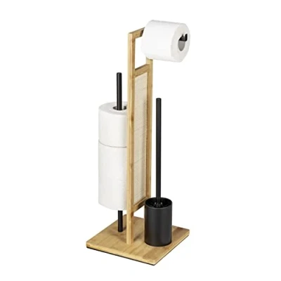 Imagen de WENKO Soporte Rivalta Allegre Independiente para Portarrollos y Escobillero, Bambú, Ratán Acero Lacado Mate Negro, 25 x 73 cm, Natural