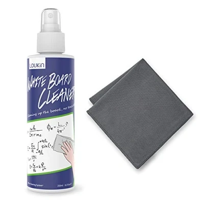 Imagen de limpiador de pizarra blanca no tóxico Loukin, líquido borrado en seco, espray limpieza bajo olor, 8.5 onzas líquidas Oz (250 ml) y paño