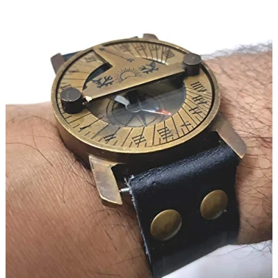Imagen de Maritime Steampunk Sundial Reloj de pulsera latón con brújula navegación antigua, correa piel, color negro