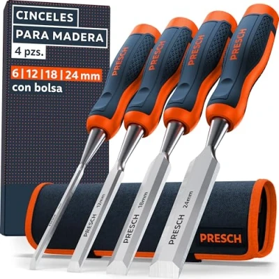 Imagen de Presch Juego de cinceles para madera 4 uds. Incl. bolsa Formones (6mm, 12mm, 18mm, 24mm) con ángulo 25 Acabado rectificado