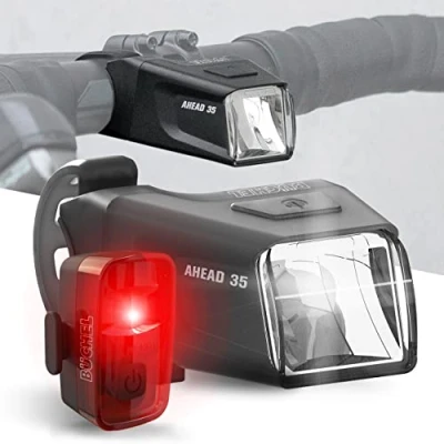 Imagen de Büchel Ahead Juego de Luces LED Recargables para Bicicleta (35/15 Lux), diseño Justo en el Centro del Manillar, Aprobado por StVZO, luz Delantera + Trasera, Color Negro