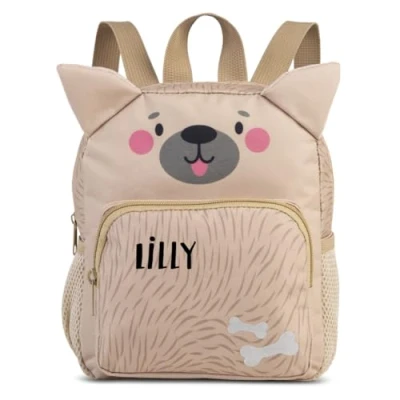 Imagen de minimutz mochila de guardería con diseño animales para niñas y niños, personalizable nombre, infantil bolsillo delantero, Perro (Beige), 21 x 24 13 cm