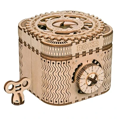 Imagen de ROBOTIME Juego de construcción rompecabezas en 3D para hacer bricolaje, modelo mecánico, kit corte láser Woodcraft (caja del tesoro)