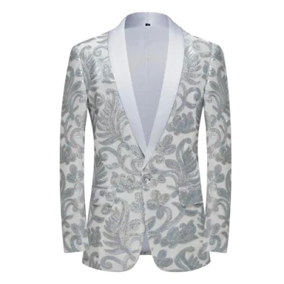 Imagen de PYJTRL Chaqueta de terciopelo con lentejuelas y estampado floral para hombre, plateado, Medium