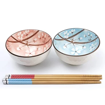 Imagen de lachineuse Juego de 2 cuencos japoneses flores cerezo Sakura ⌀ 11cm Blancos, Rosa y Azul Tazones arroz, sopa pares palillos Cuenco asiático Japón Regalo vajilla japonesa