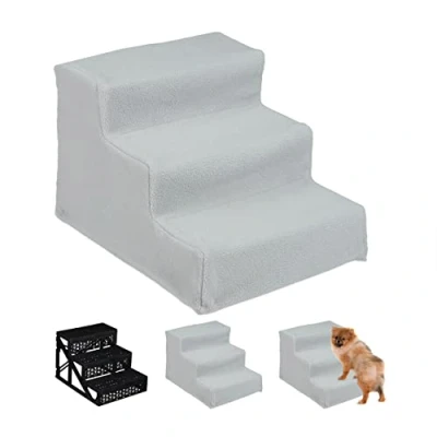 Imagen de Relaxdays Escalera para Perro Pequeño o Grande, 3 Peldaños, Cama y Sofá, Forro de Tela, Interiores, 30x35x45 cm, Gris, Poliéster, 30 x 35 45 cm