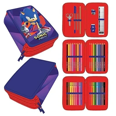 Imagen de Plumier con Accesorios de Sonic Prime Color Rojo y Azul 12,5x6,5x18,5 cm Fabricado en Poliéster Triple Compartimento Cierre Cremallera Producto Original Diseñado España