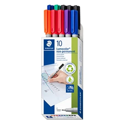 Imagen de STAEDTLER Lumocolor 316 Rotulador No Permanente, soluble en agua, punta F, 0,6 mm, fabricado Alemania. Caja cartón con 10 rotuladores 6 colores, B10