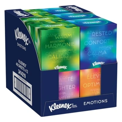 Imagen de Kleenex Cubo Collection pañuelos de papel 12 cajas 48 servicios cada una, contiene 4 diseños diferentes, Total 576