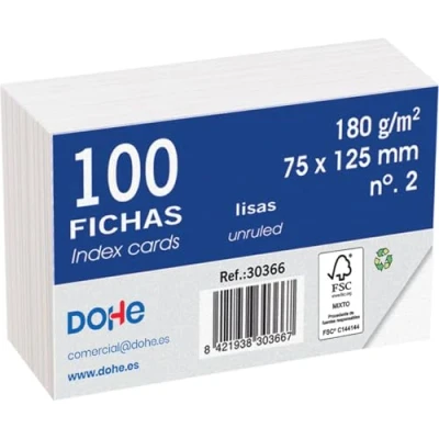 Imagen de Dohe Fichas Lisas de Cartulina (100 uds.) Tarjetas para Escribir Notas, Tamaño 12,5x7,5 cm, 180 gr/m², N.º 2, Material Oficina Color Blanco