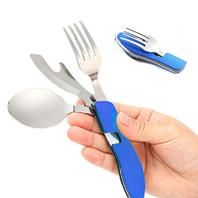 Imagen de Senven® 4 en 1 Cubiertos Plegables, Vajilla Portátil de Acero Inoxidable para Camping, Plegable Desmontable, Incluye Cuchillo, Tenedor, Cuchara y Abridor Azul