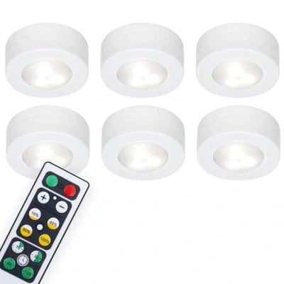 Imagen de BRILONER Leuchten Set de 6 bombillas LED para armario con control remoto, regulables, luz funcional, noche dormitorios temporizador y cinta adhesiva 3M, en blanco