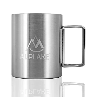 Imagen de ALPLAKE® Taza de acero inoxidable doble pared, 250 ml, con asa plegable