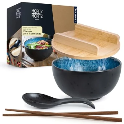 Imagen de Moritz &amp; Ramen Juego de cuenco reactivo para 1 persona (incluye tapa y cuchara), color azul