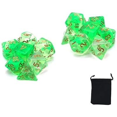 Imagen de DollaTek Juego de Dados Transparentes poliédricos Juegos Mesa 2 x 7 (14 Piezas) Serie D20 D12 D10 D8 D6 D4 DND RPG MTG Colores Dobles Una Pieza (Verde)
