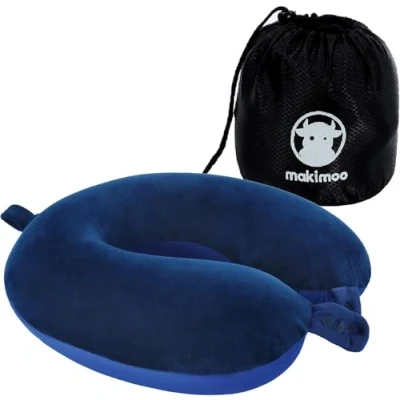 Imagen de Makimoo Almohada de Viaje Espuma viscoelástica, para el Cuello, cómoda y Liviana, Ideal Dormir en avión, automóvil, autobús Uso doméstico (Azul)