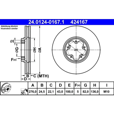Imagen de ATE 24.0124 0167.1 Disco de freno 276,0 24,5 5 100,0 ventilado revestido FORD: Transit Mk5 Furgón, Bus