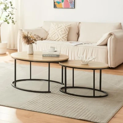 Imagen de [en.casa] Juego de 2 Mesas Centro Nido Niederlande Set Auxiliares para Salón Ovaladas Usarlas Juntas o por Separado Multifuncional Aglomerado/Acero Negro y Efecto Roble