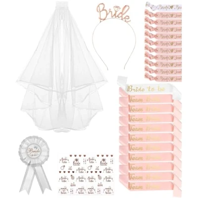 Imagen de 27PCS Despedida de Soltera Accesorios, Novia to be y Team Bride Pulsera Set con Velo Novia, Diadema Tiara, Insignia, Sash, Pulsera, para Decoración