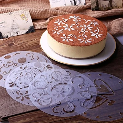 Imagen de 4 piezas de plantillas pastel con elegantes diseños flores, Cake Stencil Happy Birthday Cupcake Stencils Decorating Flower Coffee Juego (20cm)