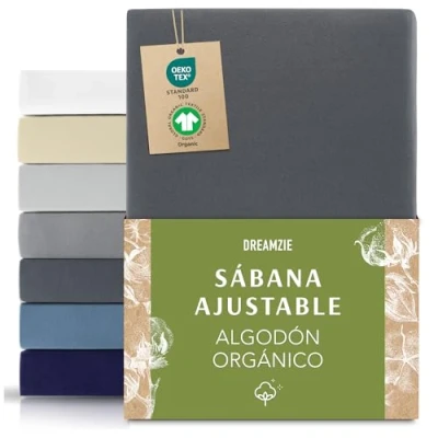 Imagen de Dreamzie Premium Sabanas 80x200 cm, Sabana Bajera cm Ajustable Algodon Orgánico, 150 g/m² Gris Oscuro Certificada sin Productos Químicos (Oeko Tex)