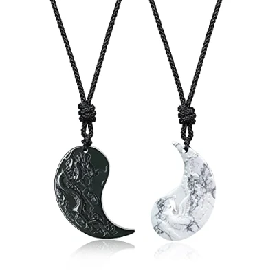 Imagen de COAI Colgantes Yin Yang Dragón y Fénix en Obsidiana Howlita, Collar con Ajustables para la Parejas de Amantes