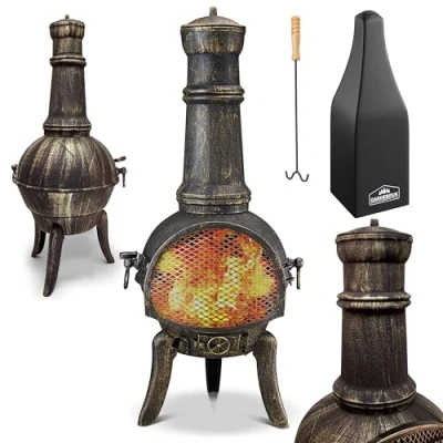 Imagen de Gardebruk® Chimenea Jardín Estufa Leña Carbón Brasero Exterior 112cm Hierro Incl. Cubierta Atizador