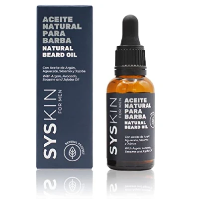 Imagen de aceite barba Hombre 30ml. Ingredientes 100% naturales. Cuidado de con Argan Jojoba, Aguacate y Sesamo. Acondiciona, Protege Alisa