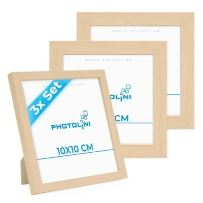 Imagen de PHOTOLINI marcos 10x10 cm madera MDF natural, set de 3 para pósteres, cristal acrílico, colgar y poner pie, incluye accesorios fotos, láminas pósteres