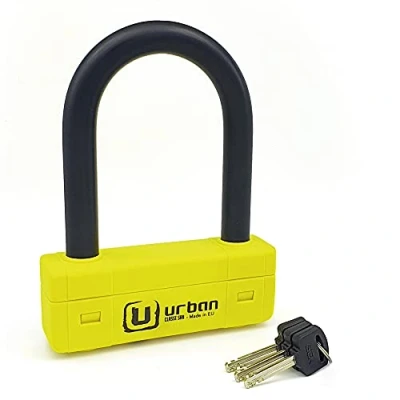 Imagen de URBAN UR85120Y Candado Moto U Alta Seguridad Homologado SRA, Horquilla ø18 Acero Endurecido Doble Bloqueo Antirayones, Llamativa Carcasa, lock Antirrobo 85x120mm para Motocicleta, Scooter Patinete