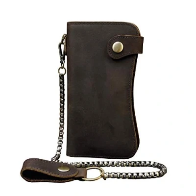 Imagen de LUUFAN Cartera Larga de Cuero Genuino los Hombres con Bolsillo Cremallera Monedero la Billetera Bifold Vendimia (Chain Wallet)
