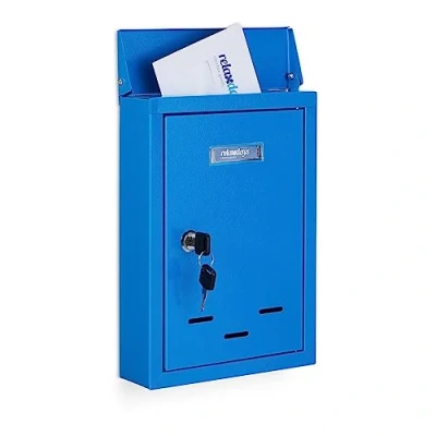 Imagen de Relaxdays identificación Buzón Pared Vertical, Placa para Nombres, Metal, con 2 Llaves, de Exterior, Estrecho, 30,5 x 21 7 cm, Azul, Hierro