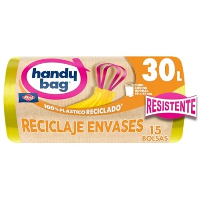 Imagen de Handy Bag bolsas de basura Reciclaje Envases para cubo cocina, resistentes y antigoteo, con cinta autocierre triple capa, 100% plástico reciclado, 30L, 15