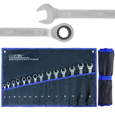 Imagen de CCLIFE 14 piezas Juego de Llave Trinquete Llaves Combinadas Fija Carraca 8 22 mm, Cr V, 72 dientes