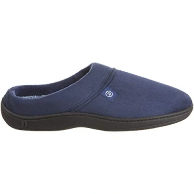 Imagen de Isotoner Pantuflas de espuma viscoelástica para hombre con espalda abierta y suela interior exterior, Fuax Microsuede Navy Blue, Large