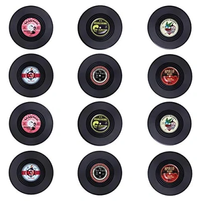 Imagen de Coolty 12 Piezas posavasos de vinilo, CD Vinyl Record Redonda Vendimia Coaster, Antideslizante Aislante Posavasos, 10 x 0,2cm