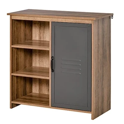 Imagen de HOMCOM Aparador con Puerta de Metal Mueble Auxiliar 3 Estantes Abiertos y Armario Balda Ajustable para Salón Cocina 80x35x82 cm Madera Natural
