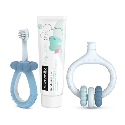 Imagen de Suavinex, Set Inicio Cuidado Dental, Incluye: Cepillo de Dientes para Bebés + Masajeador Encías Pasta Bebés, Regalar, Mangos Ergonómicos, Uso Diario, +0 Meses, Azul