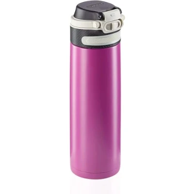 Imagen de Leifheit Vaso térmico Flip (600 ml) con tapón de rosca, taza hermética bloqueo adicional contra fugas, termo portátil, uso una mano, morado