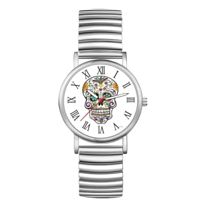 Imagen de JewelryWe Reloj Correa Elástica Calavera: Relojes de Pulsera Cuarzo Analógicos Redondo para Hombre y Mujer Escala Números Romanos Plata Fiesta Ocio Negocios Regalos