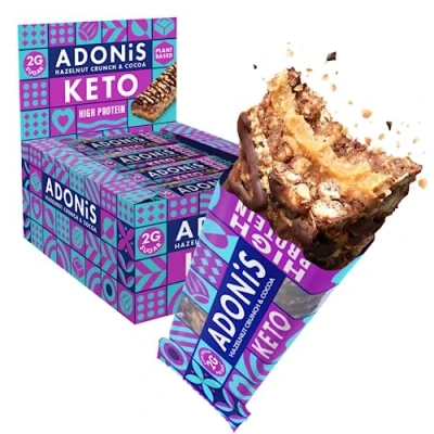 Imagen de Adonis barritas Keto Ricas en Proteínas Crujiente de Avellanas y Cacao (16 x 45 g) Apto para Veganos Dieta 100% Natural Sin Azúcar, Aceite Palma, Lácteos