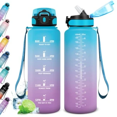 Imagen de KollyKolla Botella Agua 1.5L, Motivadora, de con Pajita, Prueba Fugas, Reutilizable Cantimplora para Adulto, Colegio, Gimnasio, Oficina, Bicicleta, Gym, Fitness