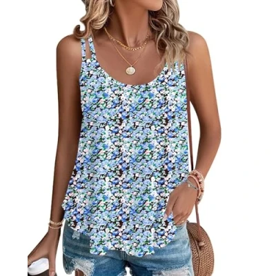 Imagen de WNEEDU Camiseta sin mangas para mujer, de verano, espagueti, mangas, cuello redondo, blusas, Azul marino., XL
