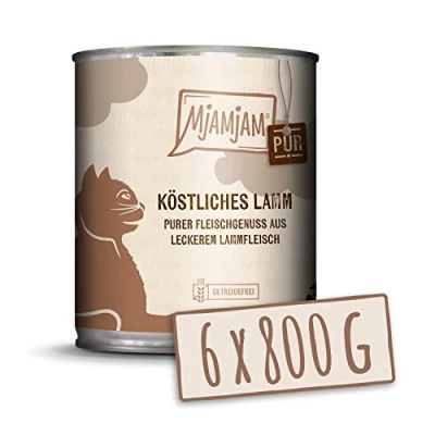 Imagen de MjAMjAM comida húmeda premium para gatos puro disfrute de la carne delicioso cordero, paquete 6 (6 x 800 g), sin cereales con extra